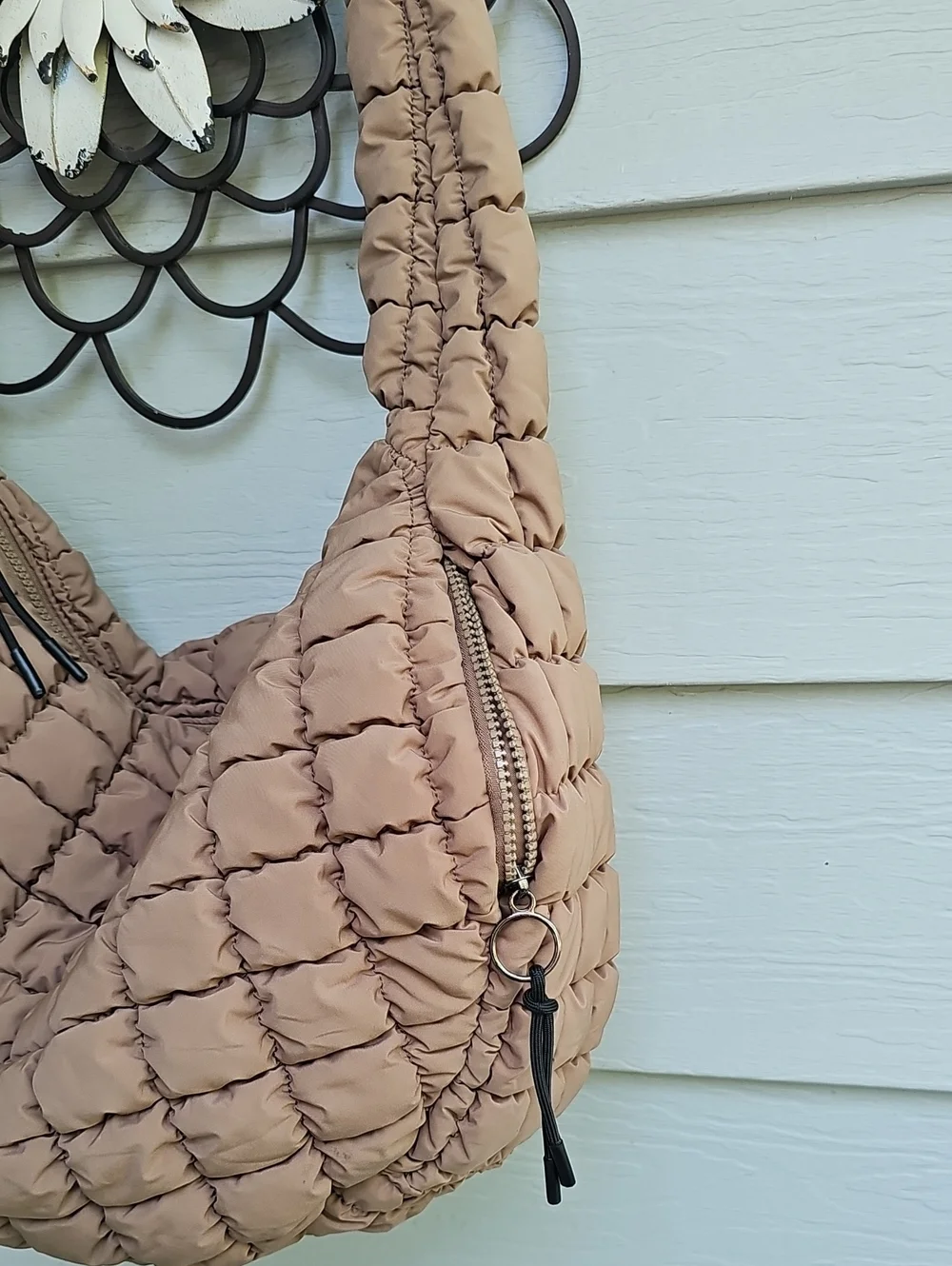Quilted Padded Hobo Bag in Taupe